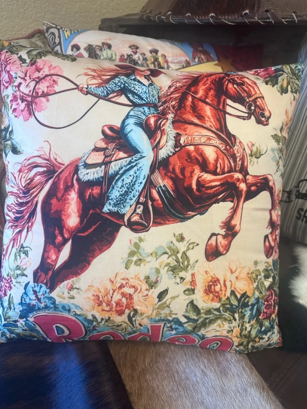 Western Cowgirl Horse Decorative Throw Pillow in Floral Red & Blue
